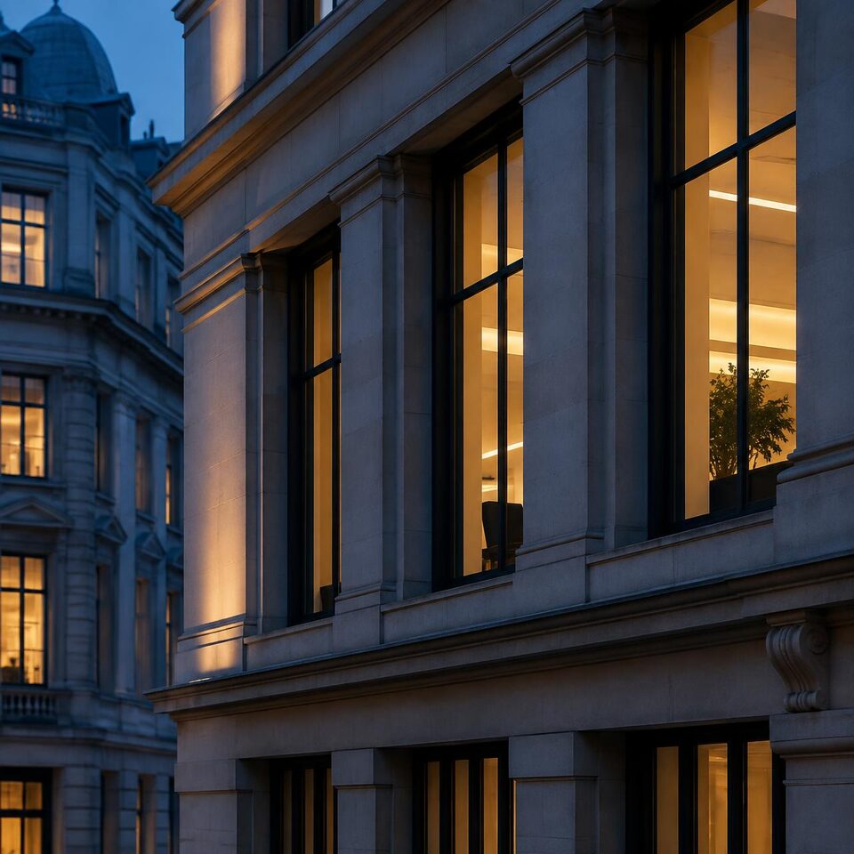 Concrete architectural edges lit by a narrow strip of cold blue light