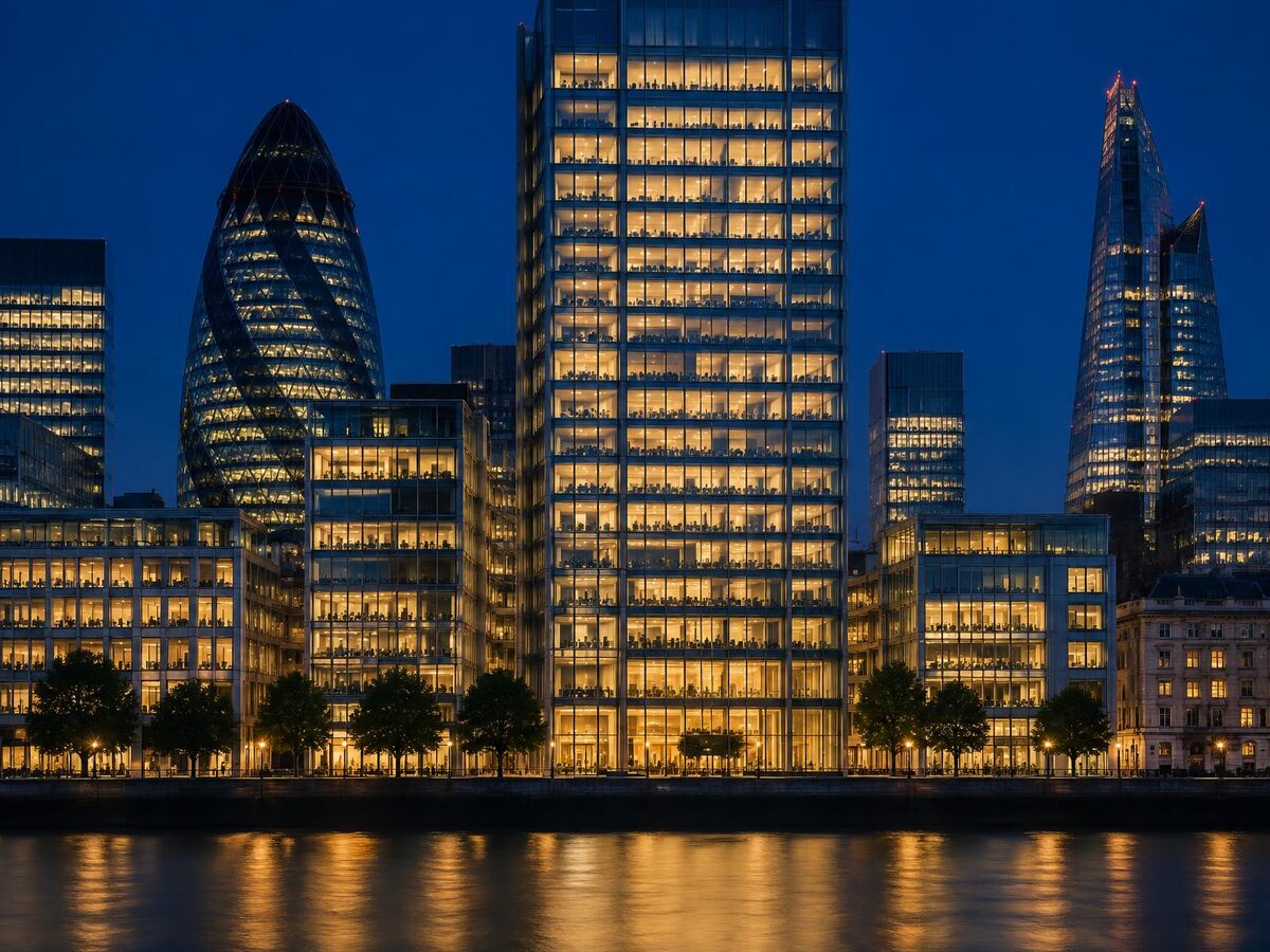 Lit office tower facade at night